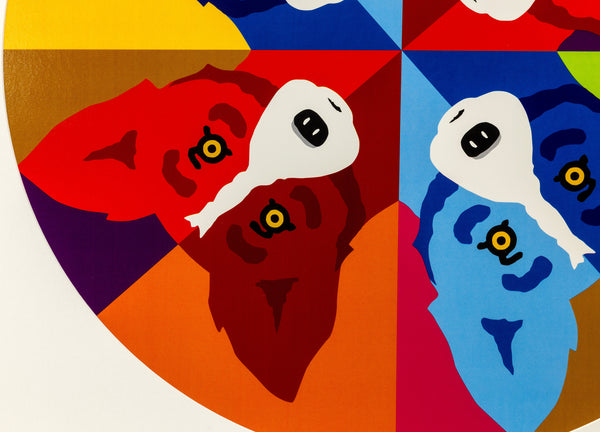 George Rodrigue, Round the Mulberry Bush, is a 2015 circular limited edition screenprint in colors measuring 35.5 inches in diameter