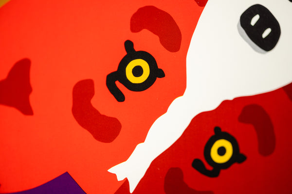 George Rodrigue, Round the Mulberry Bush, is a 2015 circular limited edition screenprint in colors measuring 35.5 inches in diameter