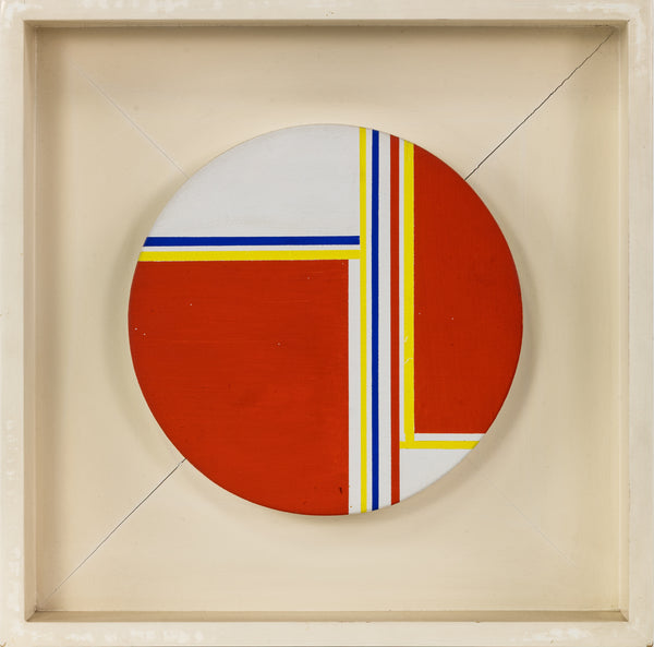 Ilya Bolotowsky "Mini-Tondo in Scarlet, Yellow and Blue" (1975) signed acrylic on wood, 8" diameter. Geometric abstraction in bold scarlet, yellow, blue. Original artist frame, COA, full provenance.