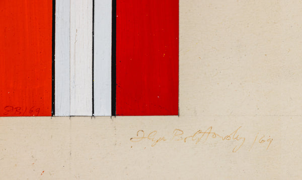 Ilya Bolotowsky Untitled 1969 Original Oil on Paper | Signed Geometric Abstraction Skyscraper Red Black 16.9x6.5 Inches w/ COA