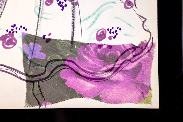 Karl Lagerfeld Original Fashion Sketch Ink Drawing with Watercolor and Fabric Swatch T546
