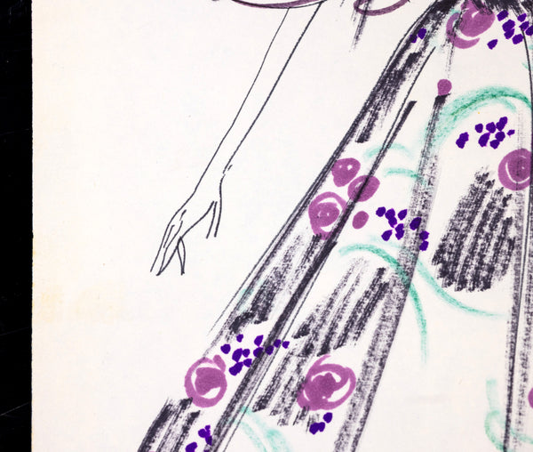 Karl Lagerfeld Original Fashion Sketch Ink Drawing with Watercolor and Fabric Swatch T546