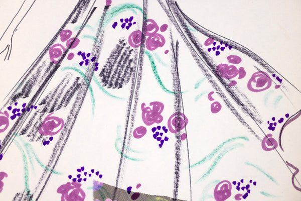 Karl Lagerfeld Original Fashion Sketch Ink Drawing with Watercolor and Fabric Swatch T546