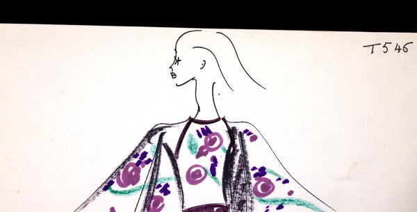 Karl Lagerfeld Original Fashion Sketch Ink Drawing with Watercolor and Fabric Swatch T546