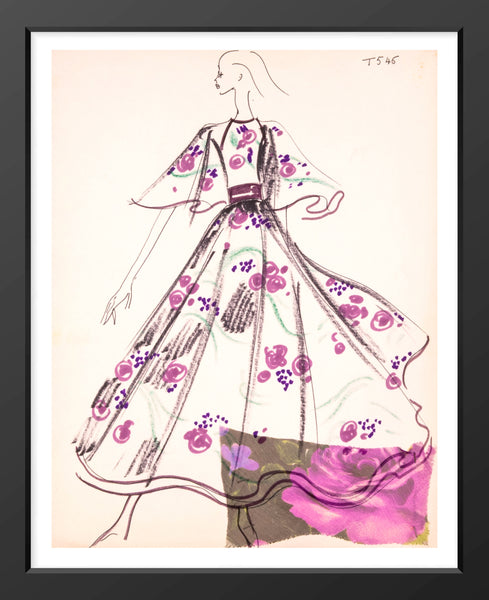 Karl Lagerfeld, Original Fashion Sketch Ink Drawing with Watercolor and Fabric Swatch T546