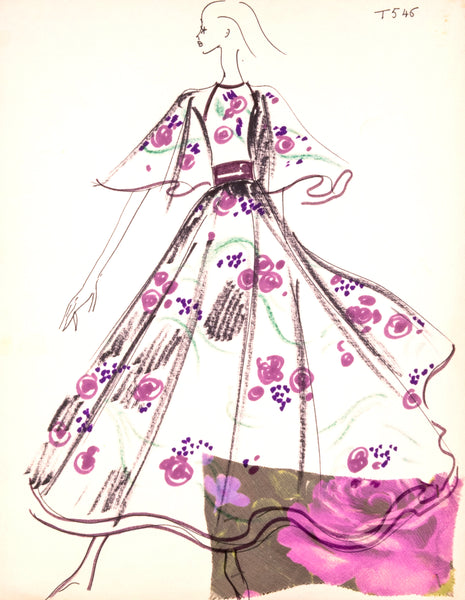Karl Lagerfeld Original Fashion Sketch Ink Drawing with Watercolor and Fabric Swatch T546