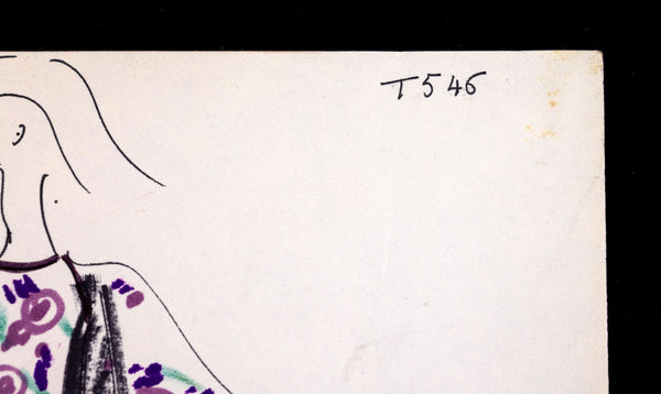 Karl Lagerfeld Original Fashion Sketch Ink Drawing with Watercolor and Fabric Swatch T546