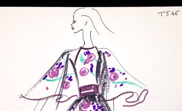 Karl Lagerfeld Original Fashion Sketch Ink Drawing with Watercolor and Fabric Swatch T546