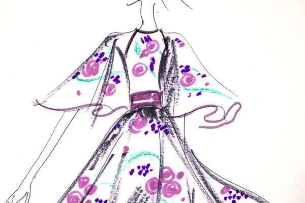 Karl Lagerfeld Original Fashion Sketch Ink Drawing with Watercolor and Fabric Swatch T546