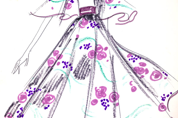 Karl Lagerfeld Original Fashion Sketch Ink Drawing with Watercolor and Fabric Swatch T546