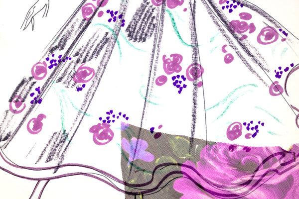 Karl Lagerfeld Original Fashion Sketch Ink Drawing with Watercolor and Fabric Swatch T546
