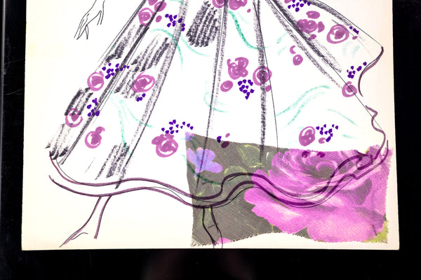 Karl Lagerfeld Original Fashion Sketch Ink Drawing with Watercolor and Fabric Swatch T546