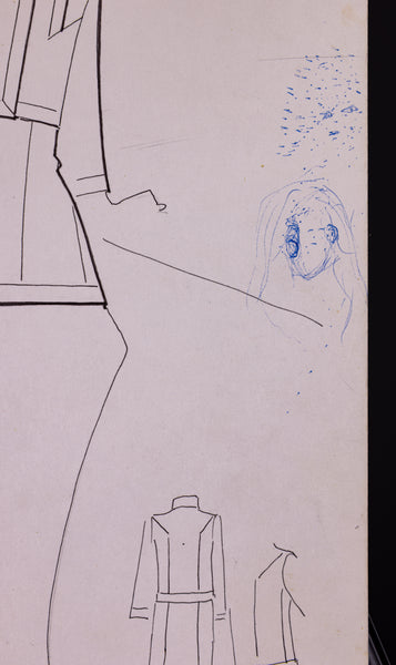 Karl Lagerfeld Original Fashion Sketch Ink Drawing with Fabric Swatch 917 Lela