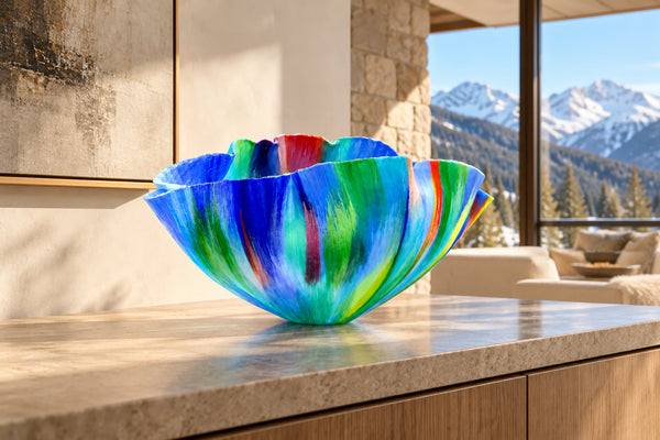 Mary Ann "Toots" Zynsky's *Untitled (Multicolor)* (c. 2000-2010) is a sculptural glass vessel featuring an undulating rim and vibrant bands of color that create depth and movement. Measuring 9.75" x 19" x 10", the work is signed "Z" on the underside.