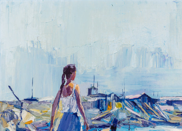 Nicola Simbari, Woman Along Coastline, 36 Inch Signed Original Painting