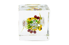 Paul Stankard Signed Square Glass Paperweight with Flowers,  Berries, and Root Person