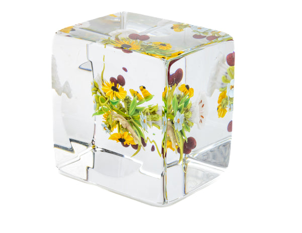 Paul Stankard Signed Square Glass Paperweight with Flowers,  Berries, and Root Person