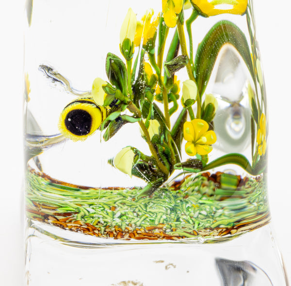 Paul Stankard Signed Irregular Dome Hand Blown Glass Paperweight with Yellow Daffodils and Bee