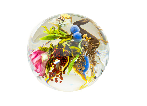 Paul Stankard Signed 1998 Hand Blown Glass Paperweight with Root People, Ant, Blueberries, and Flowers