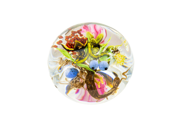 Paul Stankard Signed 1998 Hand Blown Glass Paperweight with Root People, Ant, Blueberries, and Flowers