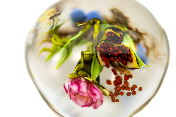 Paul Stankard Signed 1998 Hand Blown Glass Paperweight with Root People, Ant, Blueberries, and Flowers