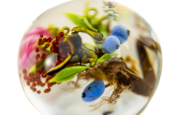 Paul Stankard Signed 1998 Hand Blown Glass Paperweight with Root People, Ant, Blueberries, and Flowers