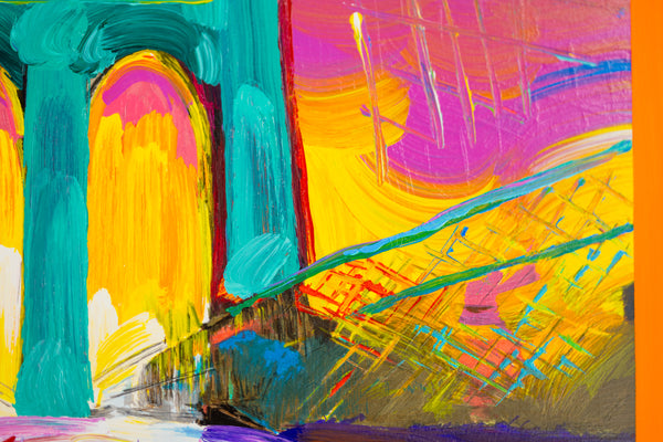 Peter Max, Brooklyn Bridge, Signed Mixed Media Original Painting Over Lithograph