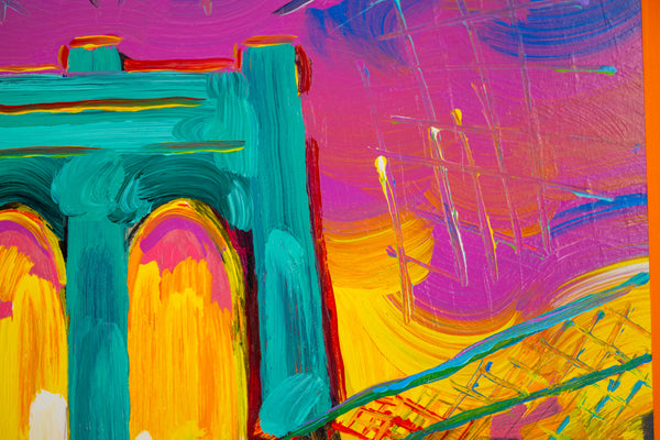 Peter Max, Brooklyn Bridge, Signed Mixed Media Original Painting Over Lithograph