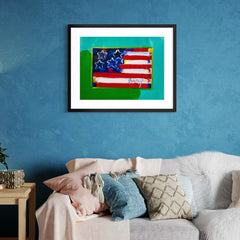 Peter Max's "Flag" is a vibrant mixed media on paper artwork featuring the American flag. Signed "Max" on front, registered #203951, and accompanied by a gallery certificate of authenticity, this piece exemplifies the artist's iconic fusion of patriotic symbolism with optimistic, dynamic Pop Art energy.