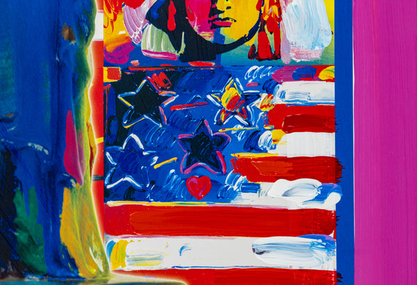 Peter Max God Bless America Mixed Media Original Painting 24x18 2002 with Signature, Label, and Studio Documentation