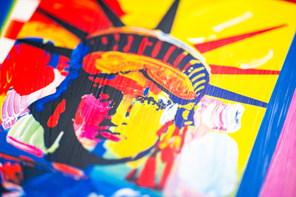 Peter Max God Bless America Mixed Media Original Painting 24x18 2002 with Signature, Label, and Studio Documentation