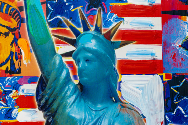 Peter Max God Bless America Mixed Media Original Painting 24x18 2002 with Signature, Label, and Studio Documentation