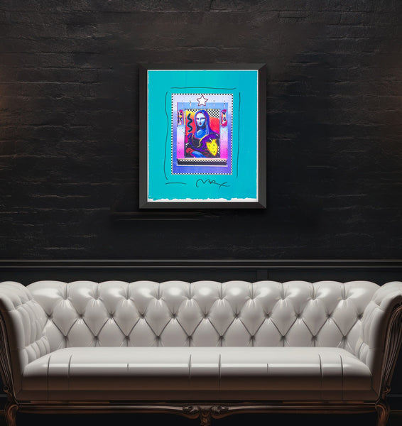 Peter Max Mona Lisa Mixed Media Original Painting with ink and Collage, 14x12 1996 with Signature, Label, and Studio