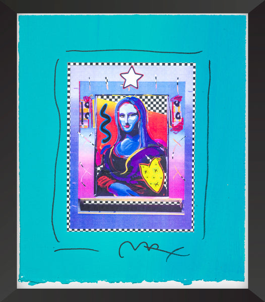 An original 1996 mixed media acrylic, ink, and collage painting by Peter Max, Mona Lisa showcases his vibrant colors and expressive borders, signed by the artist and fully authenticated with official Peter Max Studio documentation.