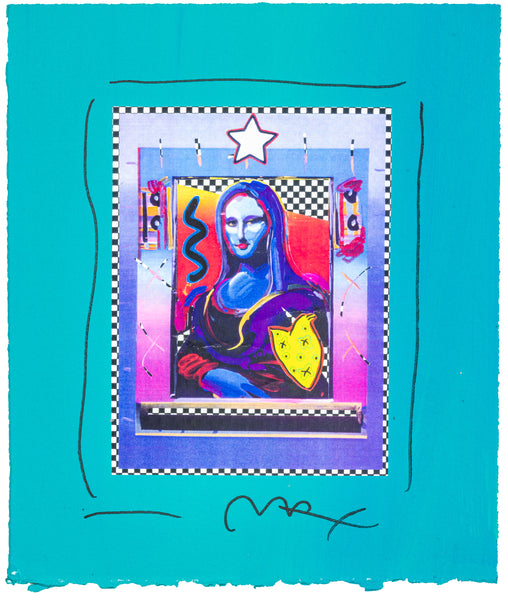 Peter Max Mona Lisa Mixed Media Original Painting with ink and Collage, 14x12 1996 with Signature, Label, and Studio