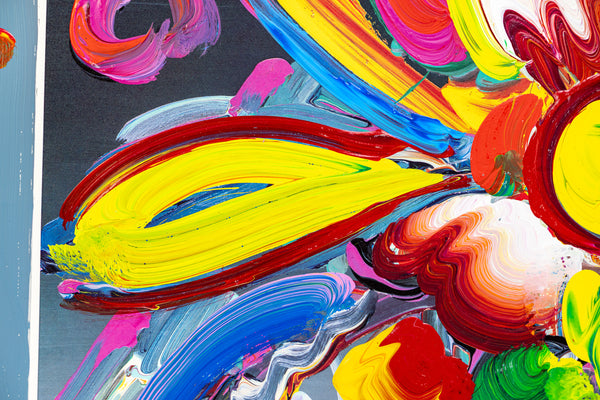 Peter Max New York Flower Show 1998 Mixed Media Original Painting 22x19 with Signature, Label, and Studio Documentation