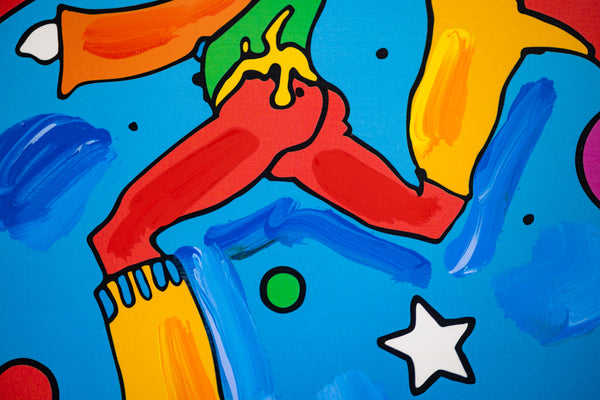 Peter Max, Jumper, is a mixed media work on paper from the early 2000s, measuring 17 x 13 inches, featuring Max's Jumper figure
