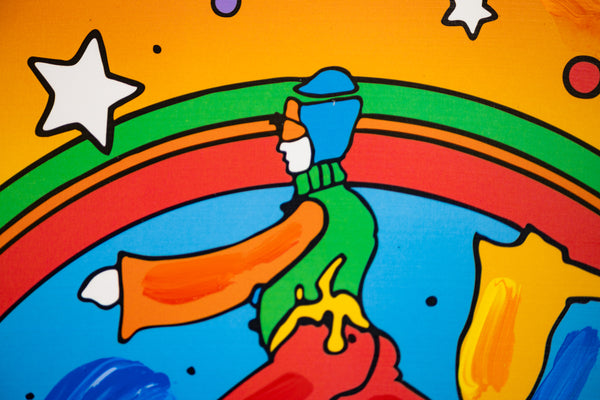 Peter Max, Jumper, is a mixed media work on paper from the early 2000s, measuring 17 x 13 inches, featuring Max's Jumper figure
