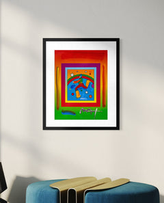 Peter Max, Jumper, is a mixed media work on paper from the early 2000s, measuring 17 x 13 inches, featuring Max's Jumper figure
