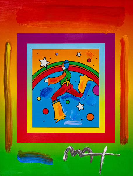Peter Max, Jumper, is a mixed media work on paper from the early 2000s, measuring 17 x 13 inches, featuring Max's Jumper figure
