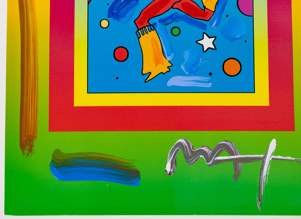 Peter Max, Jumper, is a mixed media work on paper from the early 2000s, measuring 17 x 13 inches, featuring Max's Jumper figure
