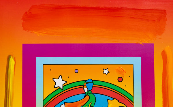 Peter Max, Jumper, is a mixed media work on paper from the early 2000s, measuring 17 x 13 inches, featuring Max's Jumper figure
