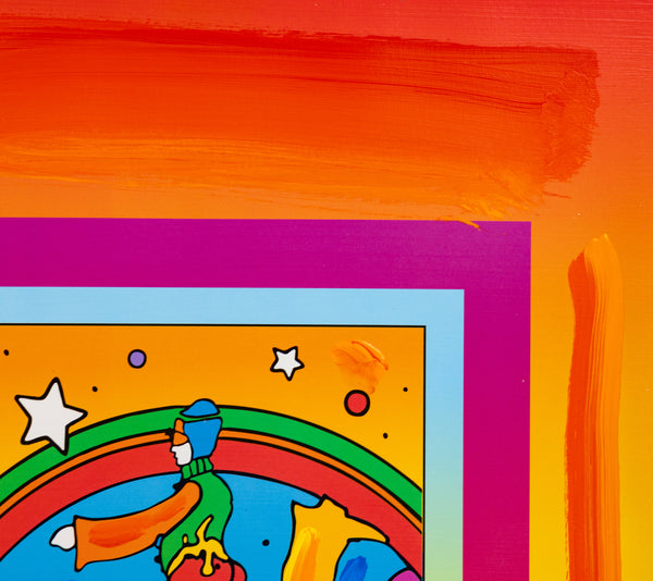 Peter Max, Jumper, is a mixed media work on paper from the early 2000s, measuring 17 x 13 inches, featuring Max's Jumper figure
