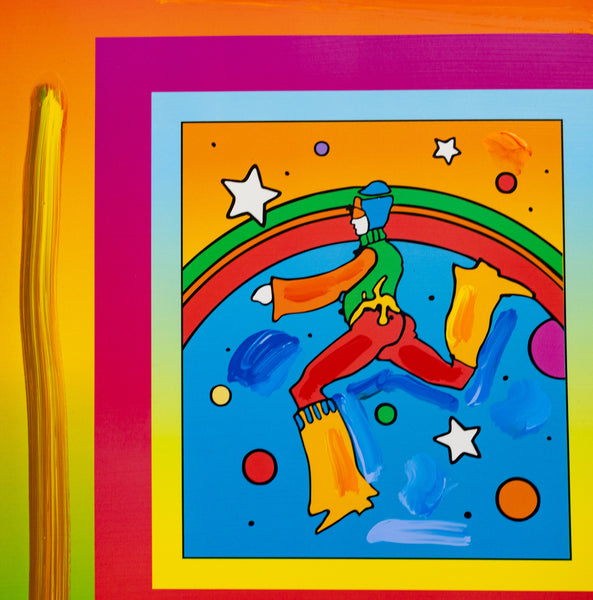 Peter Max, Jumper, is a mixed media work on paper from the early 2000s, measuring 17 x 13 inches, featuring Max's Jumper figure

