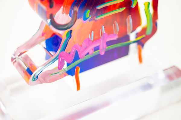 Peter Max, Umbrella Man (Ver. III #837), a 2018 hand-painted acrylic sculpture measuring 12.25 x 8.5 x 4.5 inches