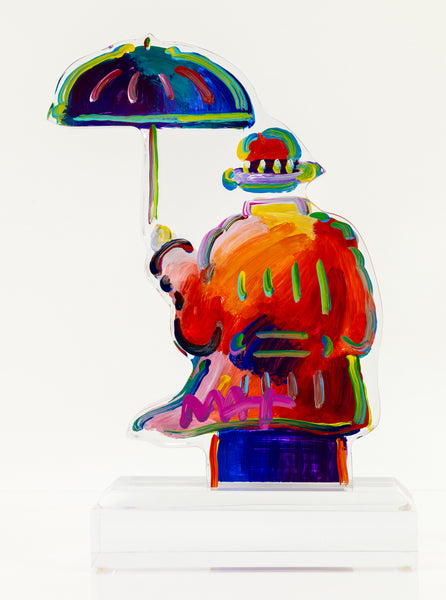 Peter Max, Umbrella Man (Ver. III #837), a 2018 hand-painted acrylic sculpture measuring 12.25 x 8.5 x 4.5 inches