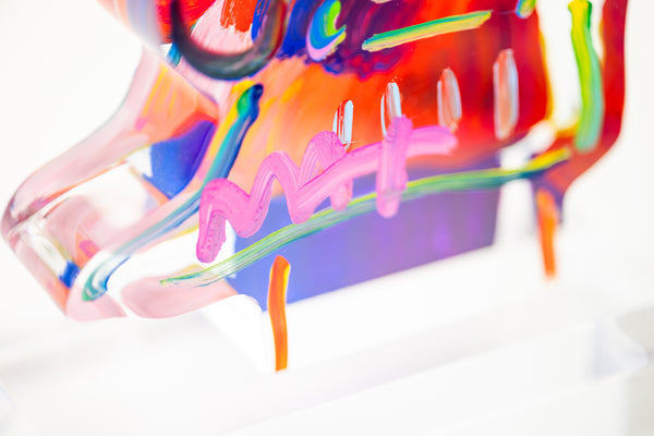 Peter Max, Umbrella Man (Ver. III #837), a 2018 hand-painted acrylic sculpture measuring 12.25 x 8.5 x 4.5 inches