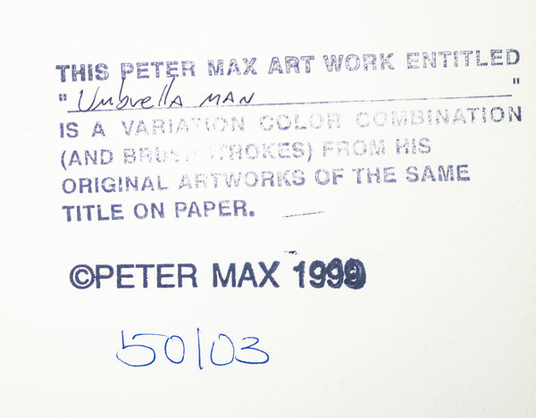 Peter Max Umbrella Man Original 32x24 Painting with Signature, Label, and Studio Documentation