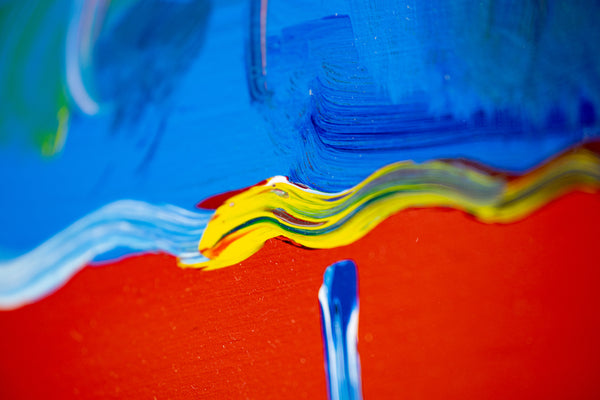 Peter Max, Umbrella Man on Red, (v. III #38), a 2015 original acrylic on canvas