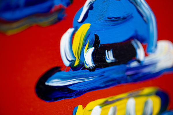 Peter Max, Umbrella Man on Red, (v. III #38), a 2015 original acrylic on canvas